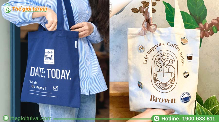 Túi vải canvas với logo in sắc nét, đặt ở trung tâm túi