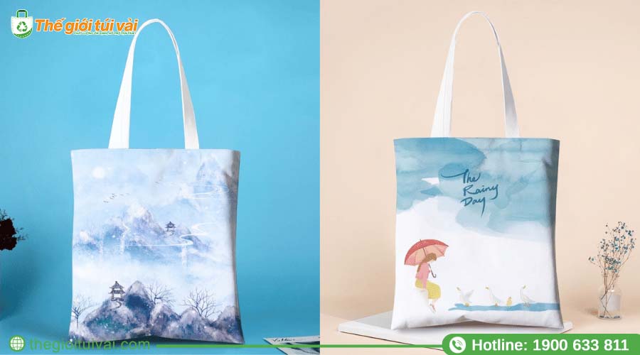 Túi vải canvas in phủ họa tiết toàn mặt trước