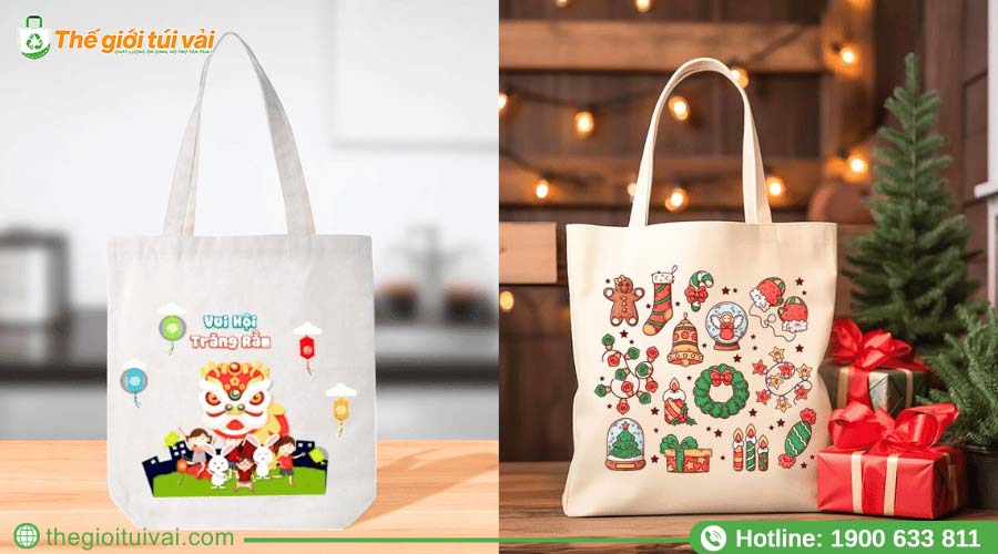 Túi canvas in hình bánh trung thu, Giáng Sinh