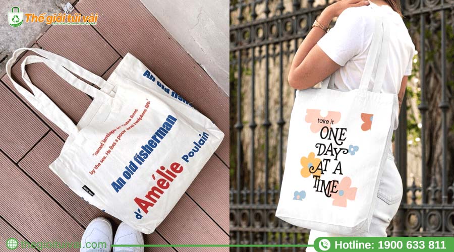 Túi tote canvas in slogan bằng font chữ cổ điển